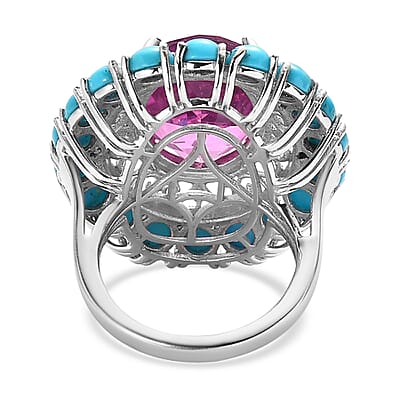Radiant Orchid Quartz (Triplet) and Sleeping Beauty Turquoise Halo Ring in Vermeil RG and Platinum Over Sterling Silver (Size 10.0) 14.65 ctw