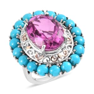 Radiant Orchid Quartz (Triplet) and Sleeping Beauty Turquoise Halo Ring in Vermeil RG and Platinum Over Sterling Silver (Size 7.0) 14.65 ctw