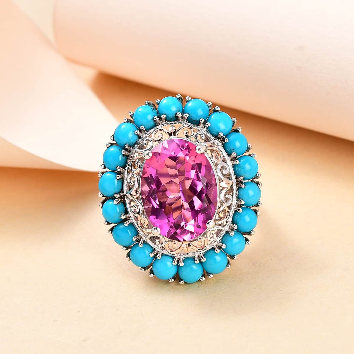 Radiant Orchid Quartz (Triplet) and Sleeping Beauty Turquoise Halo Ring in Vermeil RG and Platinum Over Sterling Silver (Size 7.0) 14.65 ctw image number 1