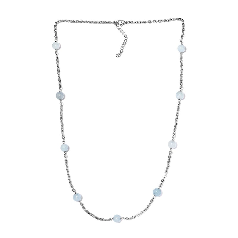 Milky Aquamarine Station Necklace 24-26 Inches in Stainless Steel 55.00 ctw