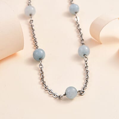 Milky Aquamarine Station Necklace 24-26 Inches in Stainless Steel 55.00 ctw