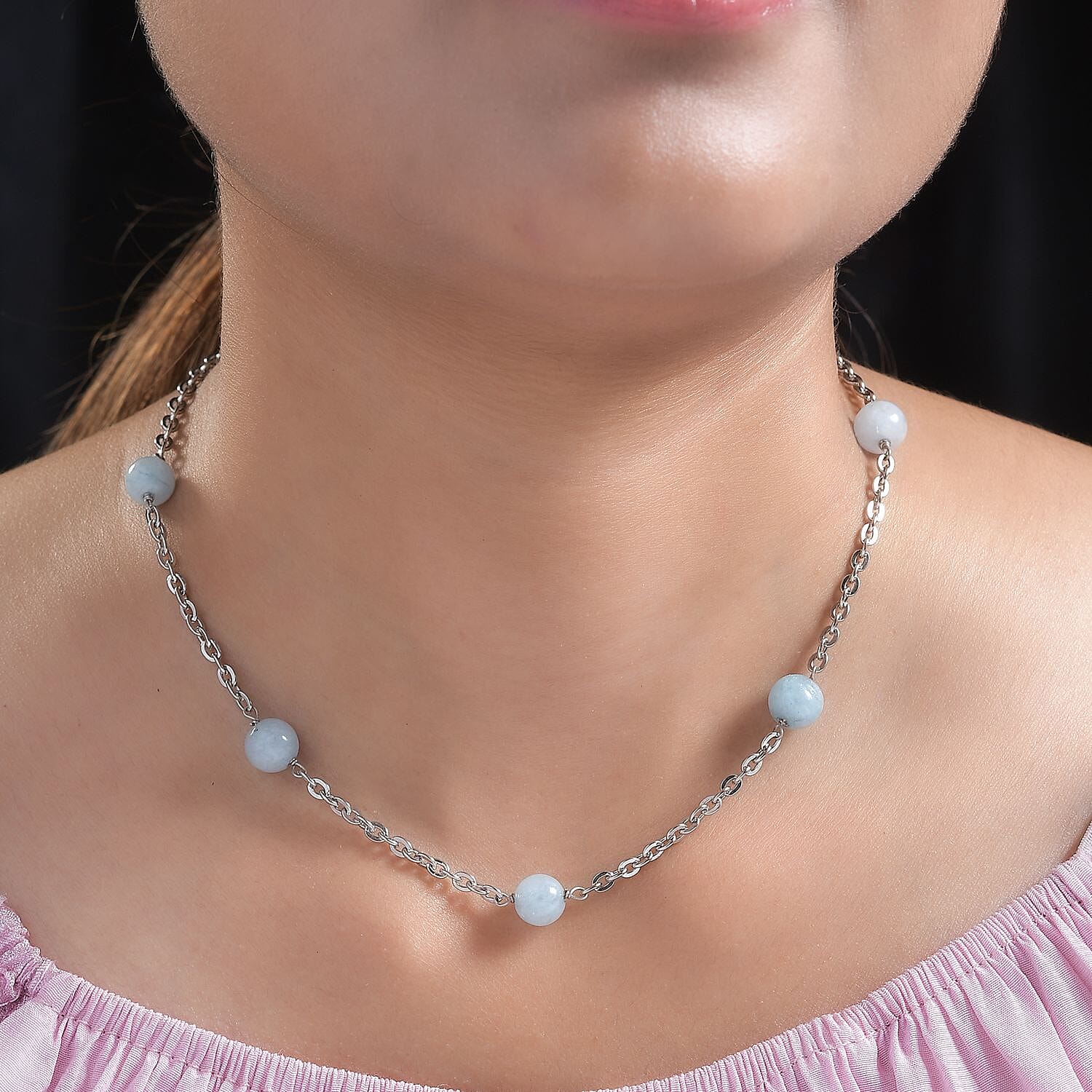Milky Aquamarine Station Necklace 24-26 Inches in Stainless Steel 55.00 ctw