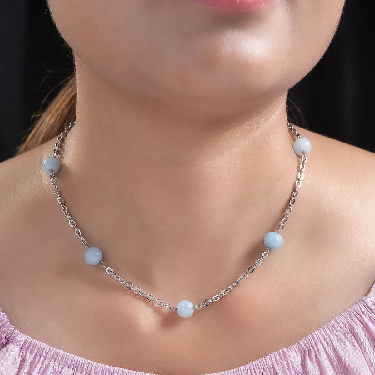 Milky Aquamarine Station Necklace 24-26 Inches in Stainless Steel 55.00 ctw image number 2