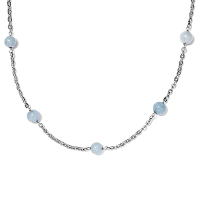 Milky Aquamarine Station Necklace 24-26 Inches in Stainless Steel 55.00 ctw