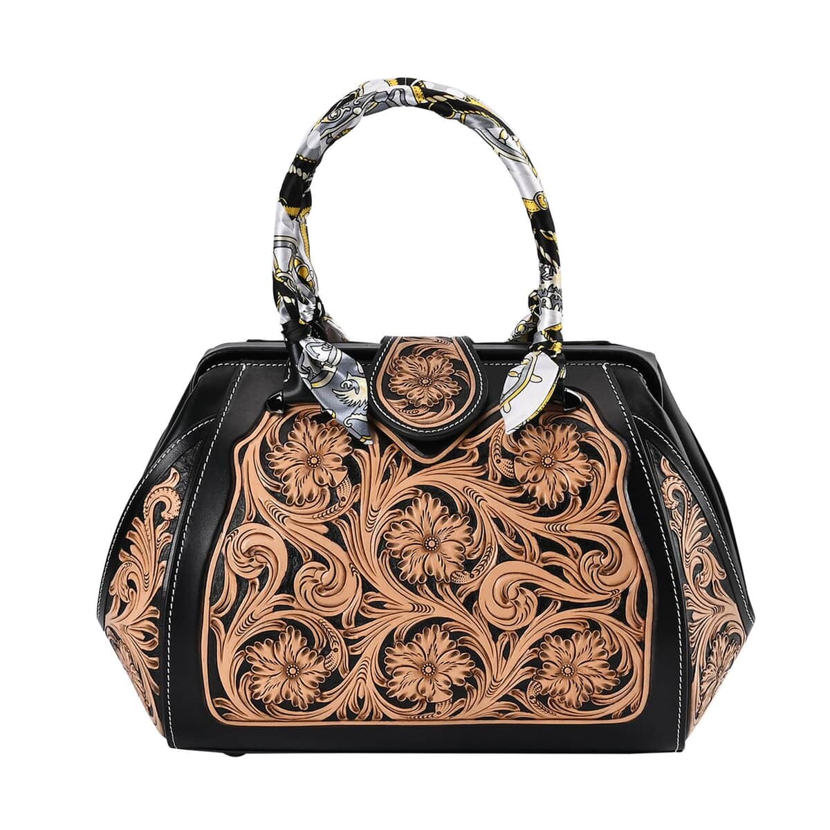 Grand Pelle Black with Solid Color Hand Engraving Flower Pattern Genuine Leather Crossbody Bag (14"x9"x7") image number 0