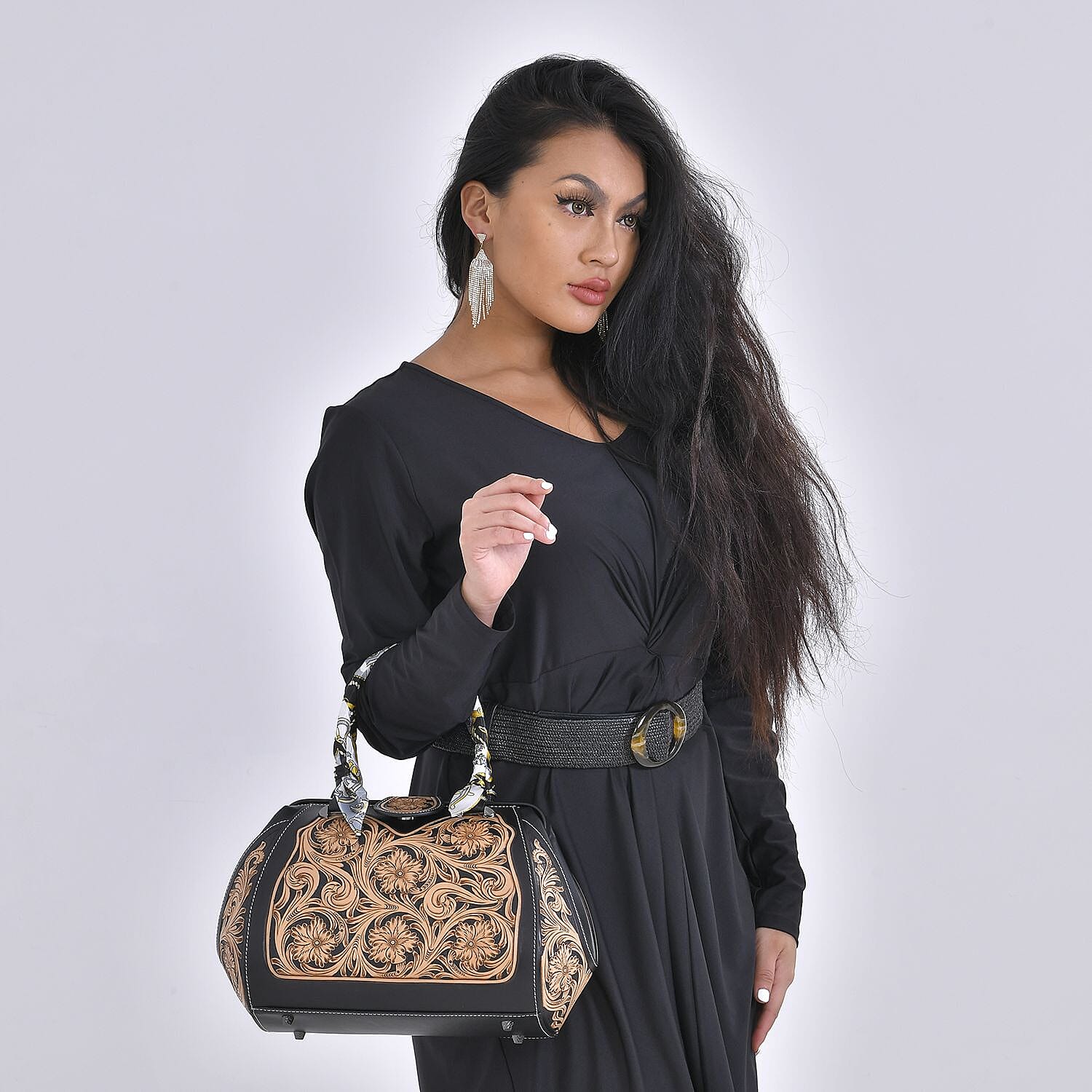 Grand Pelle Royal Collection Black with Solid Color Hand Engraving Flower Pattern Genuine Leather Tote Bag