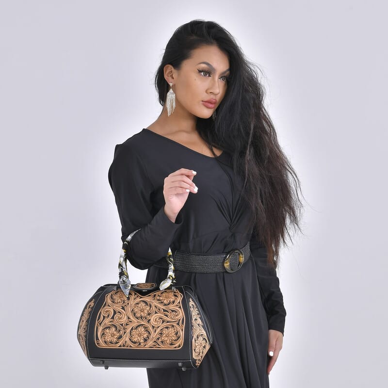 Grand Pelle Royal Collection Black with Solid Color Hand Engraving Flower Pattern Genuine Leather Tote Bag