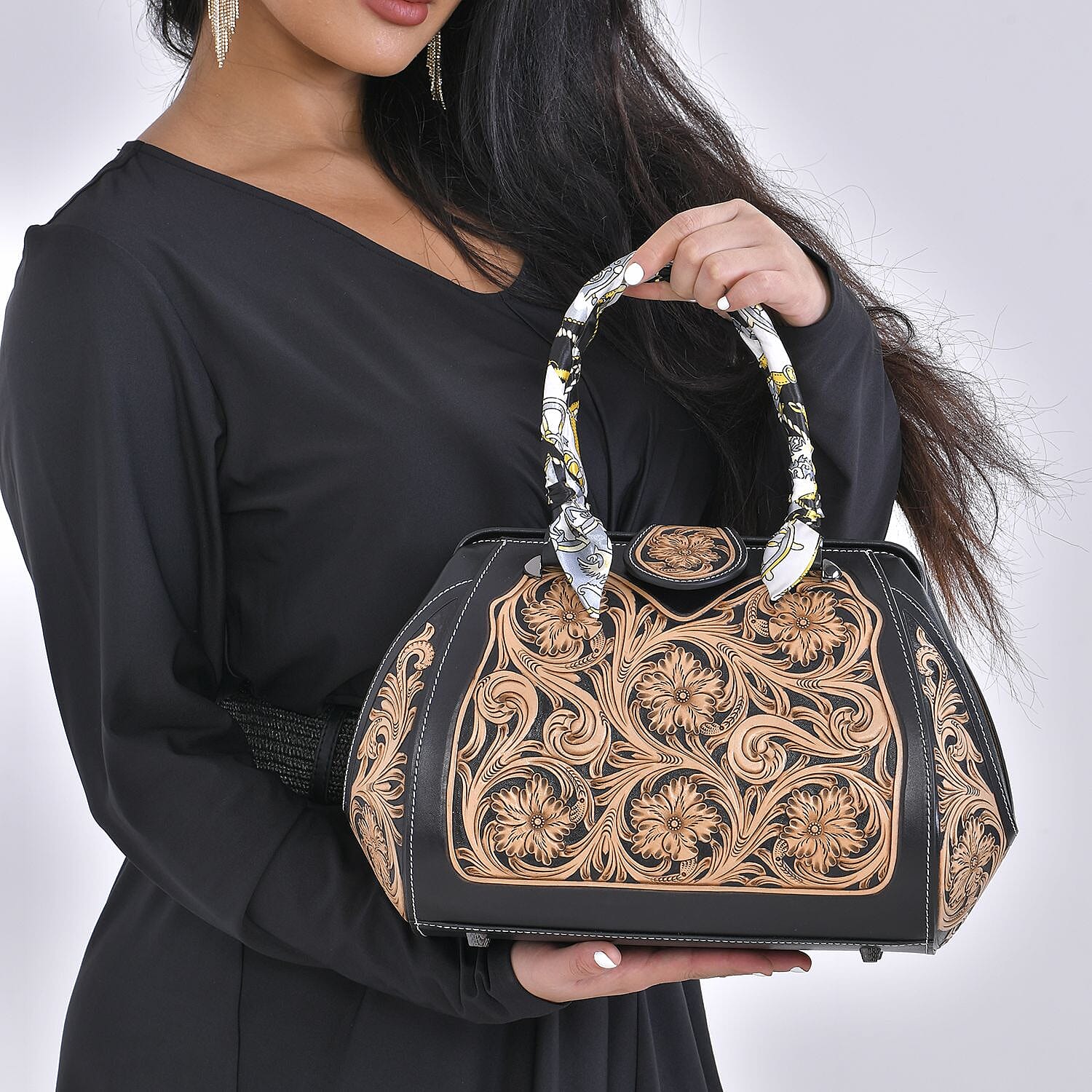 Grand Pelle Royal Collection Black with Solid Color Hand Engraving Flower Pattern Genuine Leather Tote Bag