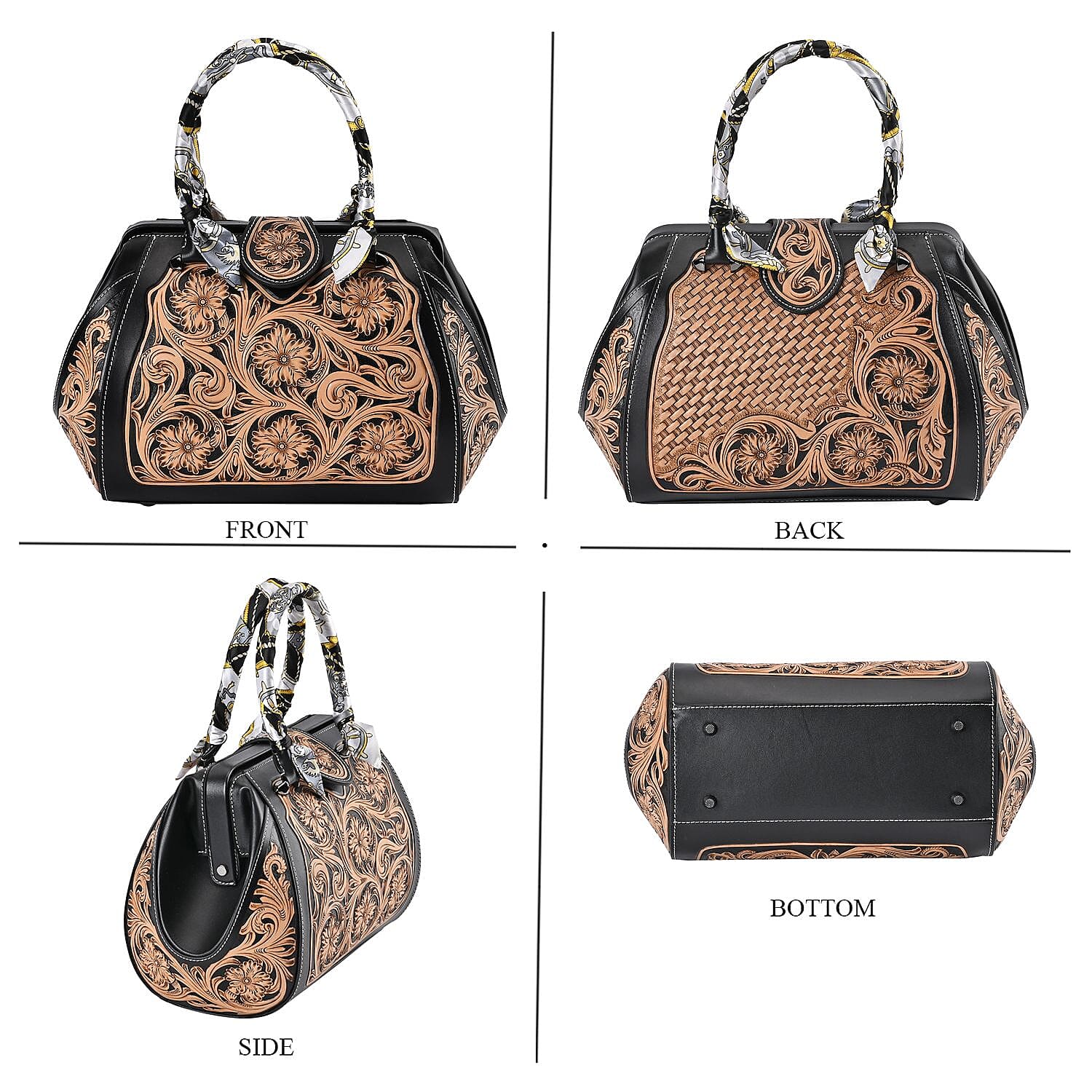 Grand Pelle Royal Collection Black with Solid Color Hand Engraving Flower Pattern Genuine Leather Tote Bag
