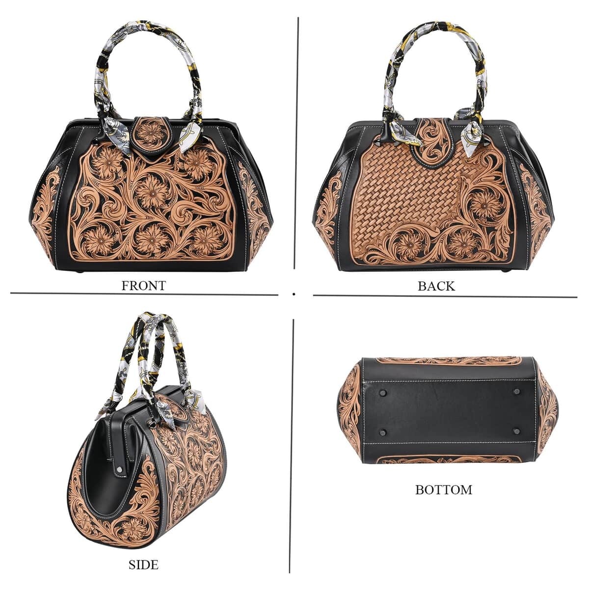 Grand Pelle Black with Solid Color Hand Engraving Flower Pattern Genuine Leather Crossbody Bag (14"x9"x7") image number 3