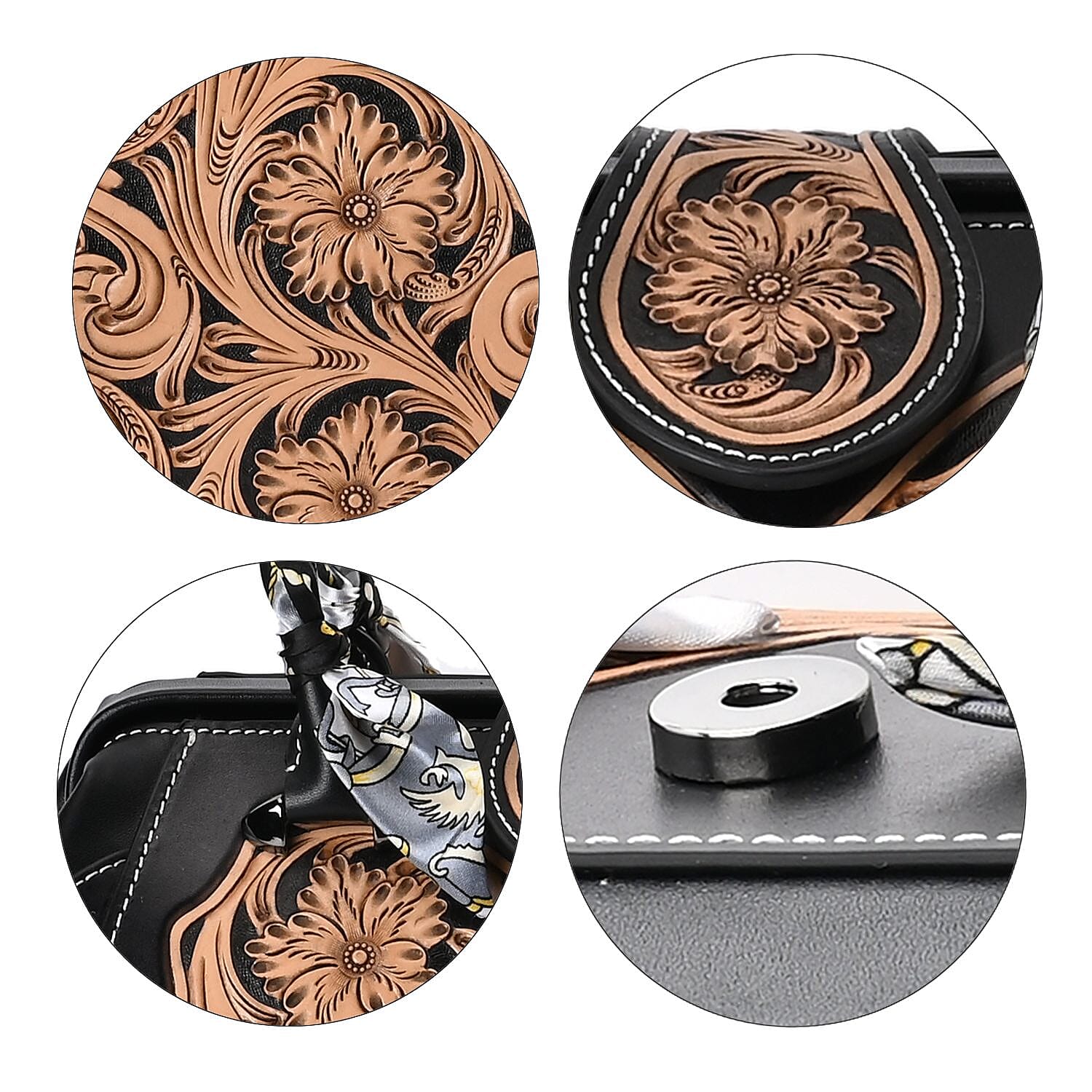 Grand Pelle Royal Collection Black with Solid Color Hand Engraving Flower Pattern Genuine Leather Tote Bag