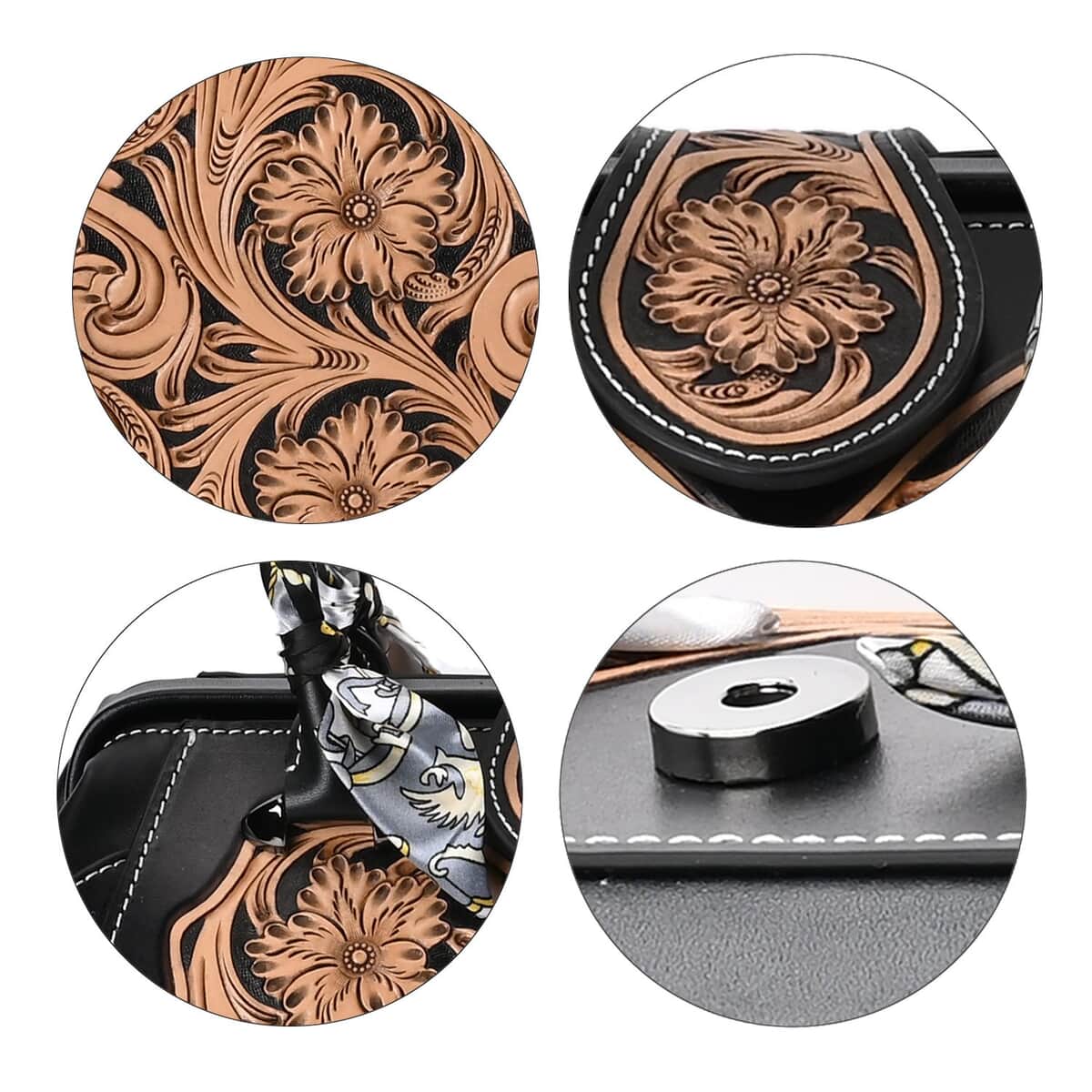 Grand Pelle Black with Solid Color Hand Engraving Flower Pattern Genuine Leather Crossbody Bag (14"x9"x7") image number 5