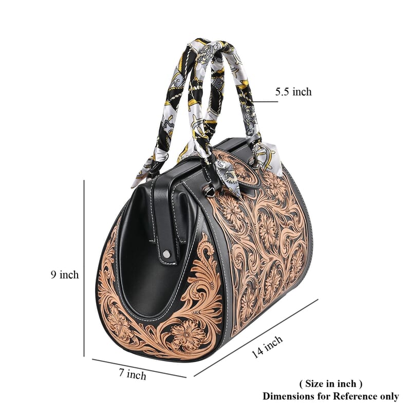 Grand Pelle Royal Collection Black with Solid Color Hand Engraving Flower Pattern Genuine Leather Tote Bag