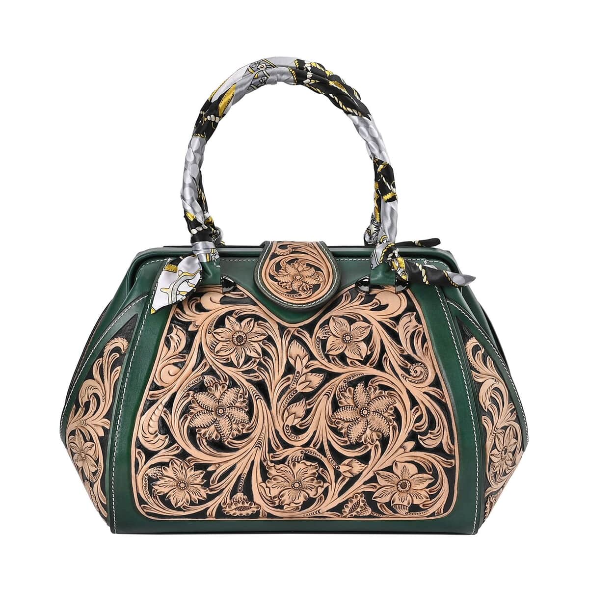 Grand Pelle Royal Collection Green with Solid Color Hand Engraving Flower Pattern Genuine Leather Tote Bag image number 0