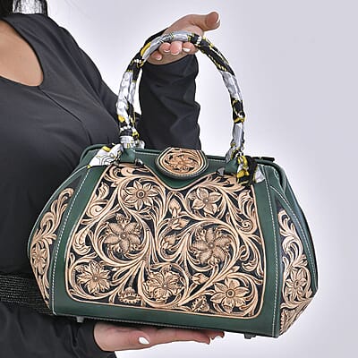 Grand Pelle Royal Collection Green with Solid Color Hand Engraving Flower Pattern Genuine Leather Tote Bag