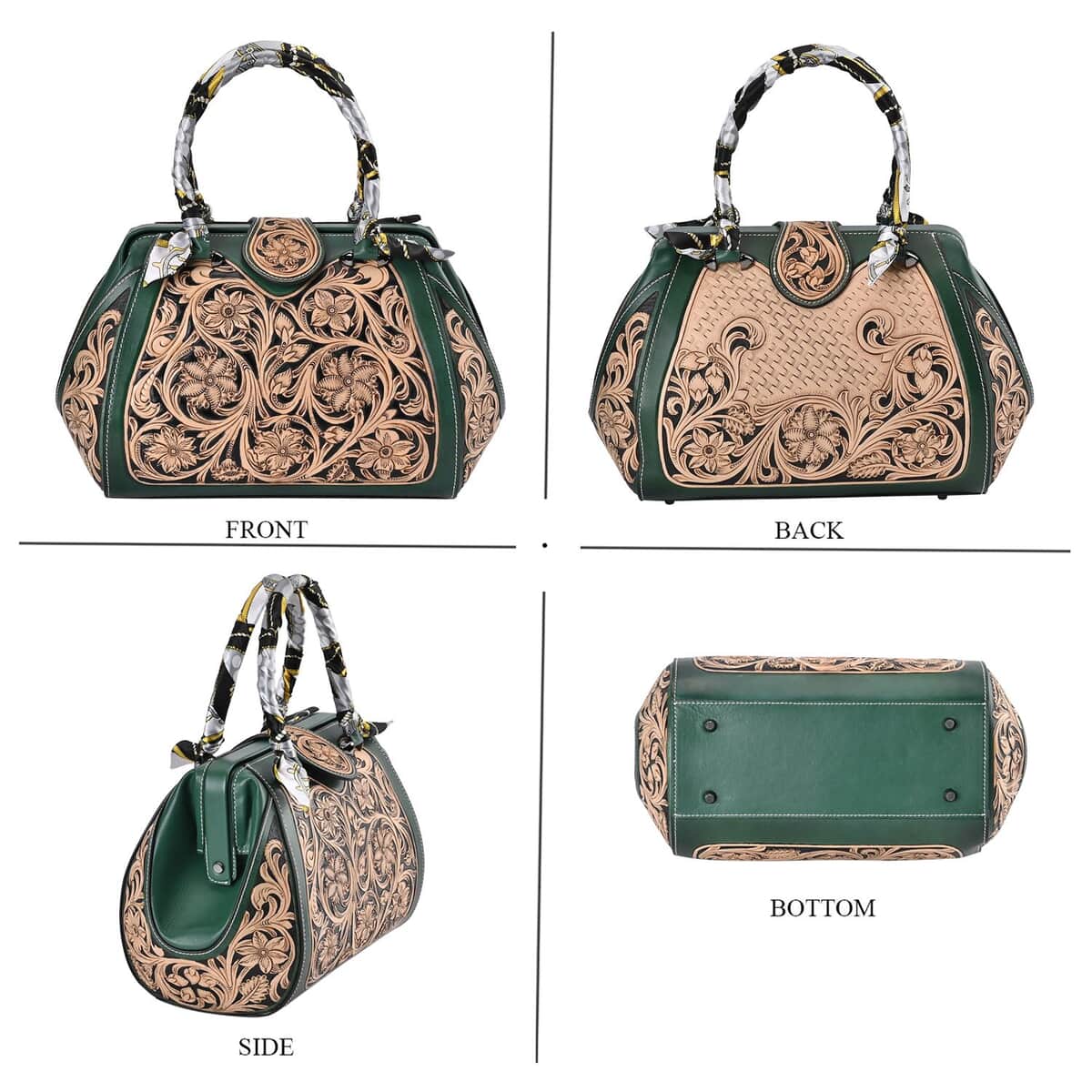 Grand Pelle Royal Collection Green with Solid Color Hand Engraving Flower Pattern Genuine Leather Tote Bag image number 3