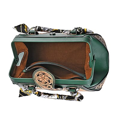 Grand Pelle Royal Collection Green with Solid Color Hand Engraving Flower Pattern Genuine Leather Tote Bag