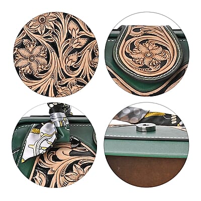 Grand Pelle Royal Collection Green with Solid Color Hand Engraving Flower Pattern Genuine Leather Tote Bag