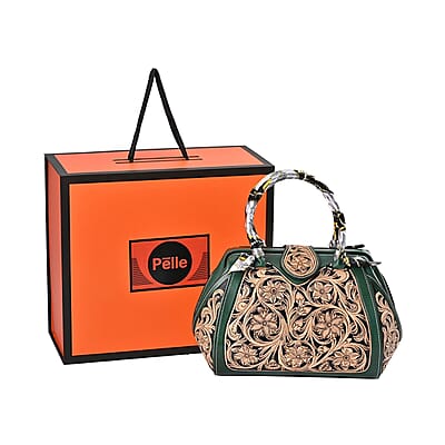Grand Pelle Royal Collection Green with Solid Color Hand Engraving Flower Pattern Genuine Leather Tote Bag