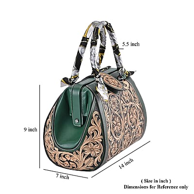Grand Pelle Royal Collection Green with Solid Color Hand Engraving Flower Pattern Genuine Leather Tote Bag