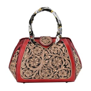Grand Pelle Royal Collection Red with Solid Color Hand Engraving Flower Pattern Genuine Leather Tote Bag
