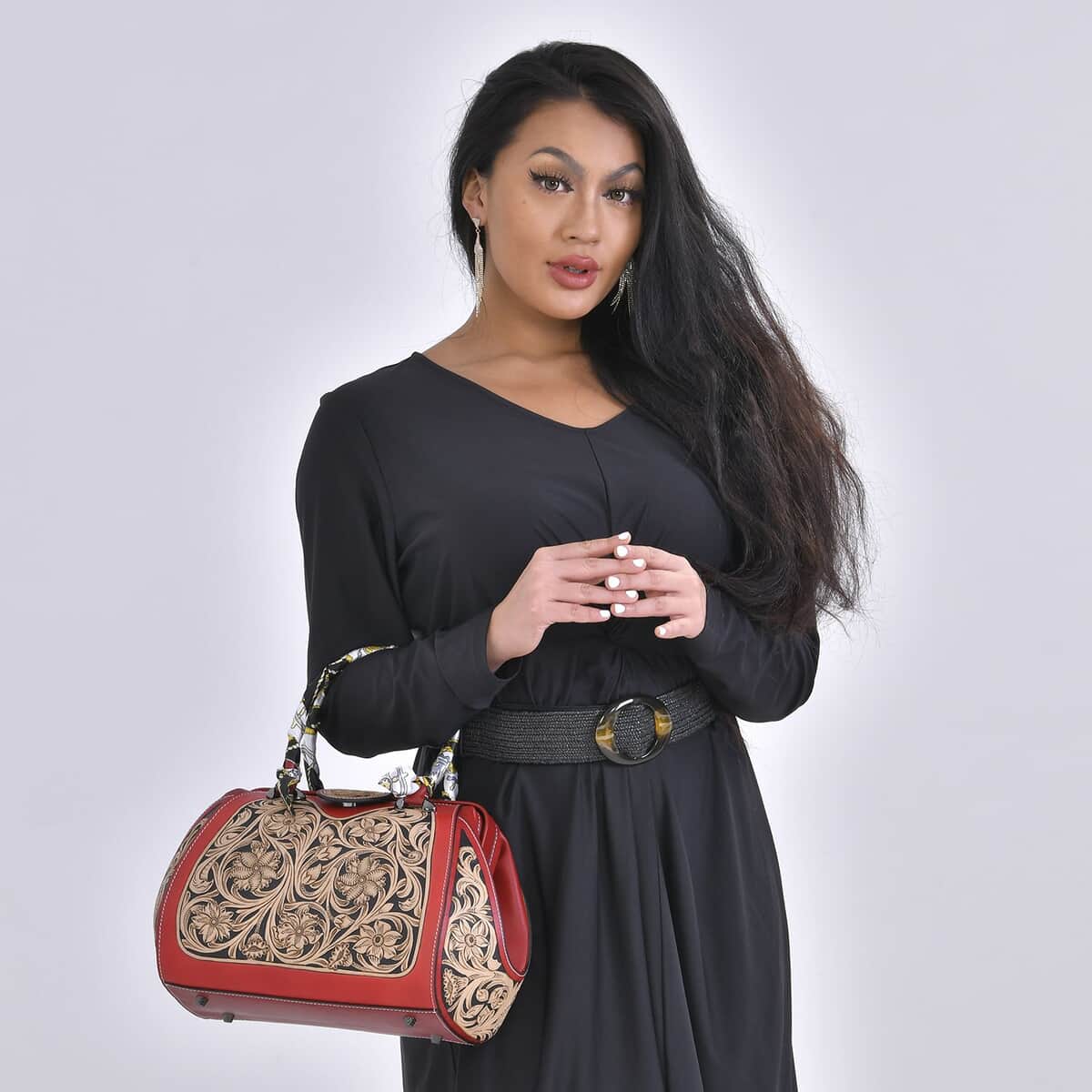 Grand Pelle Royal Collection Red with Solid Color Hand Engraving Flower Pattern Genuine Leather Tote Bag image number 1