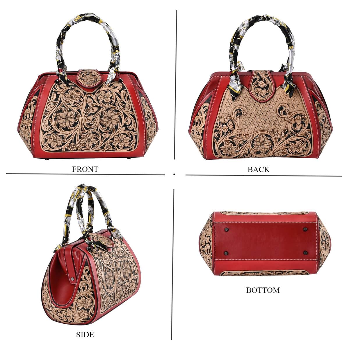 Grand Pelle Royal Collection Red with Solid Color Hand Engraving Flower Pattern Genuine Leather Tote Bag image number 3
