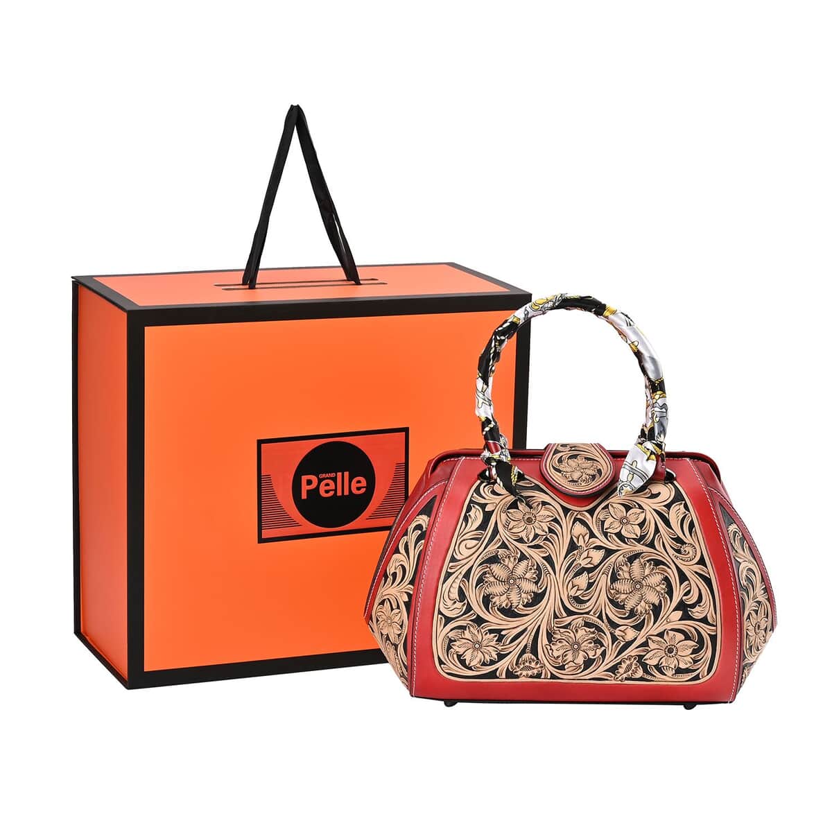 Grand Pelle Royal Collection Red with Solid Color Hand Engraving Flower Pattern Genuine Leather Tote Bag image number 6