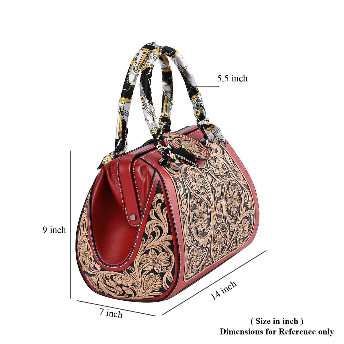 Grand Pelle Royal Collection Red with Solid Color Hand Engraving Flower Pattern Genuine Leather Tote Bag image number 7