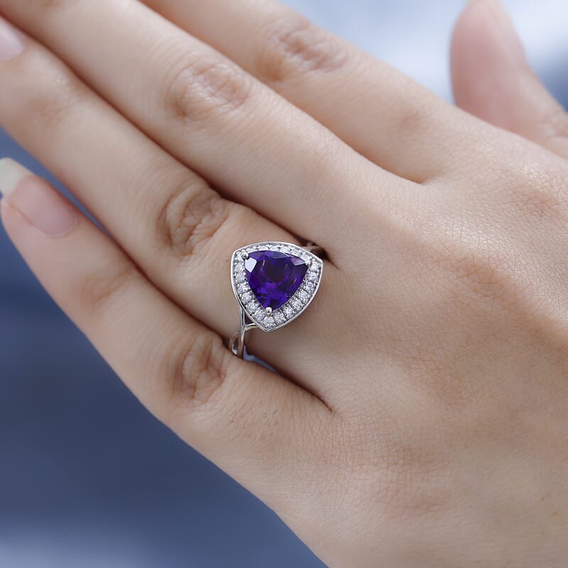 AAA Moroccan Amethyst and Moissanite Halo Ring in Platinum Over Sterling Silver (Size 7.0) 2.75 ctw