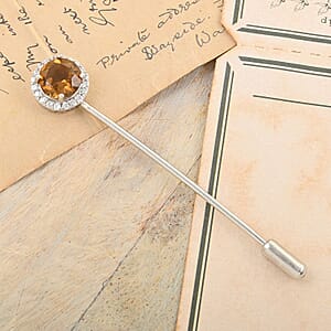 Cognac Topaz, Simulated Diamond Lapel Pin in Sterling Silver 6.30 ctw Loose Gemstone