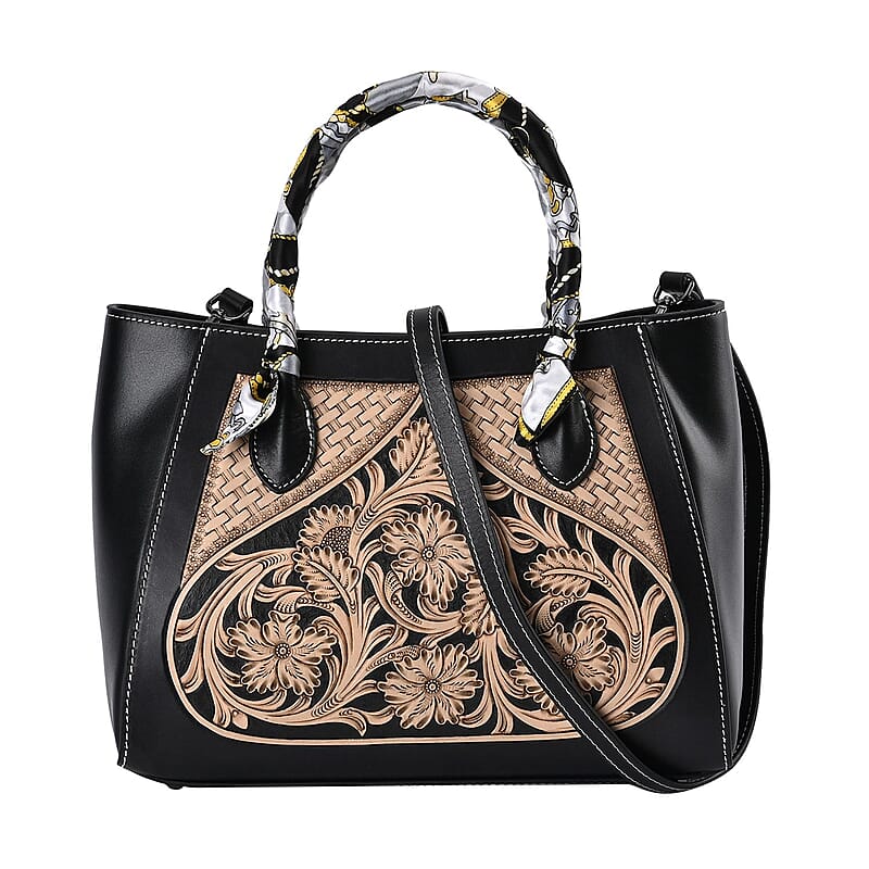 Grand Pelle Royal Collection Black with Solid Color Hand Engraving Flower Pattern Genuine Leather Tote Bag