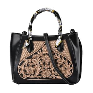 Grand Pelle Royal Collection Black with Solid Color Hand Engraving Flower Pattern Genuine Leather Tote Bag