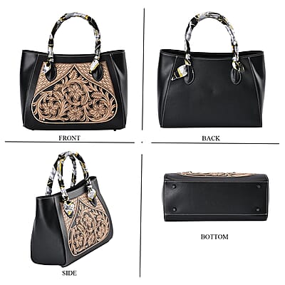 Grand Pelle Royal Collection Black with Solid Color Hand Engraving Flower Pattern Genuine Leather Tote Bag