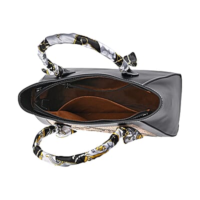 Grand Pelle Royal Collection Black with Solid Color Hand Engraving Flower Pattern Genuine Leather Tote Bag