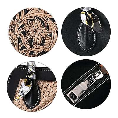 Grand Pelle Royal Collection Black with Solid Color Hand Engraving Flower Pattern Genuine Leather Tote Bag