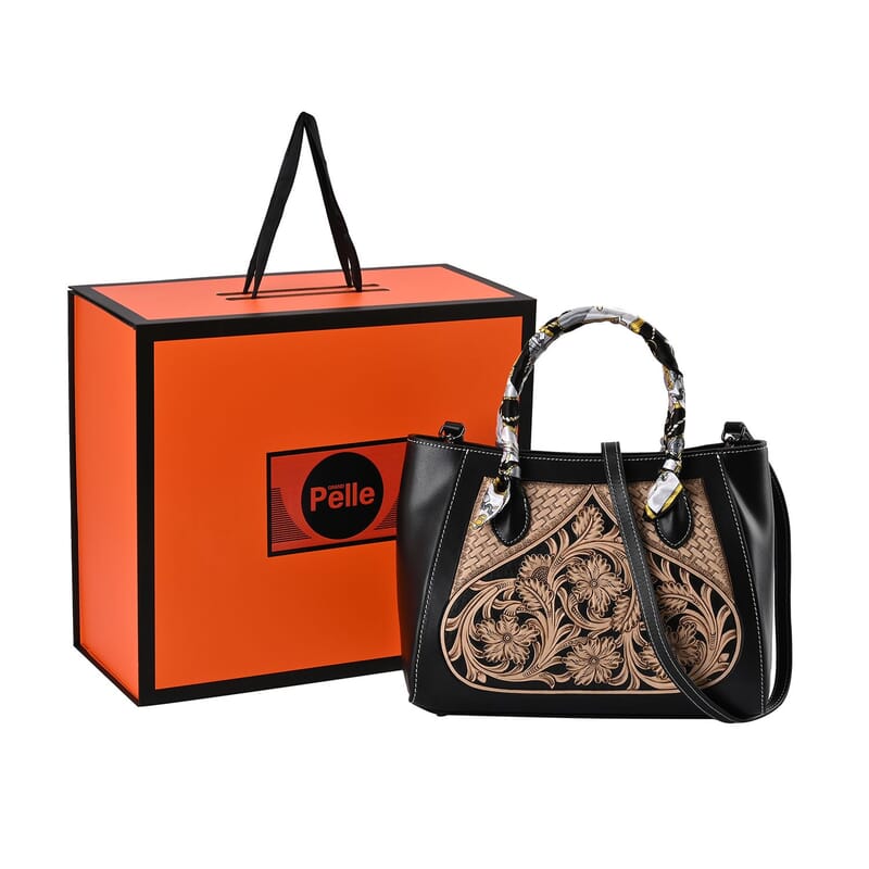 Grand Pelle Royal Collection Black with Solid Color Hand Engraving Flower Pattern Genuine Leather Tote Bag