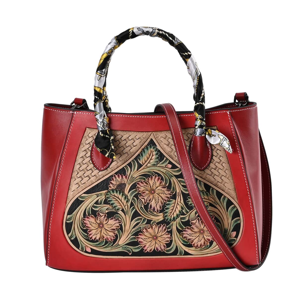 Grand Pelle Royal Collection Red with Multi Color Hand Engraving Flower Pattern Genuine Leather Tote Bag image number 0