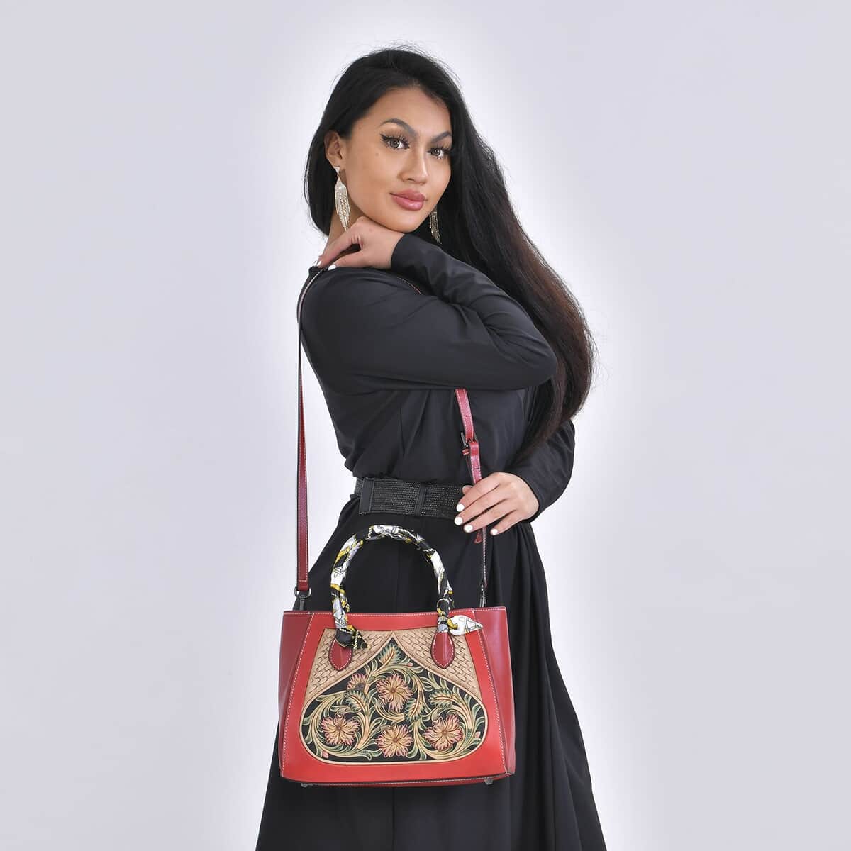 Grand Pelle Royal Collection Red with Multi Color Hand Engraving Flower Pattern Genuine Leather Tote Bag image number 1