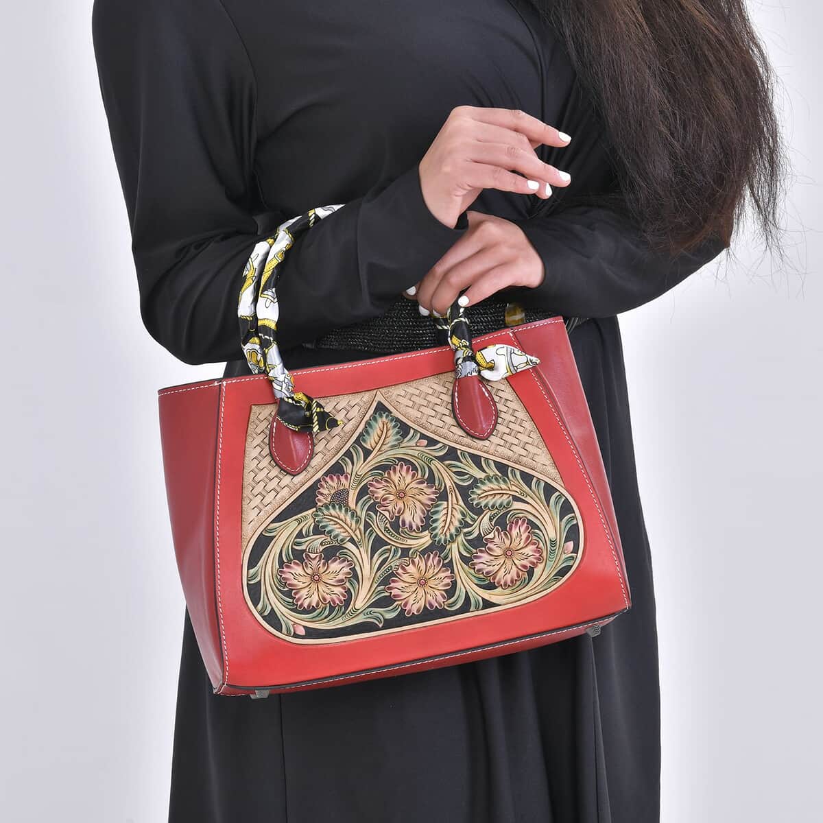 Grand Pelle Royal Collection Red with Multi Color Hand Engraving Flower Pattern Genuine Leather Tote Bag image number 2