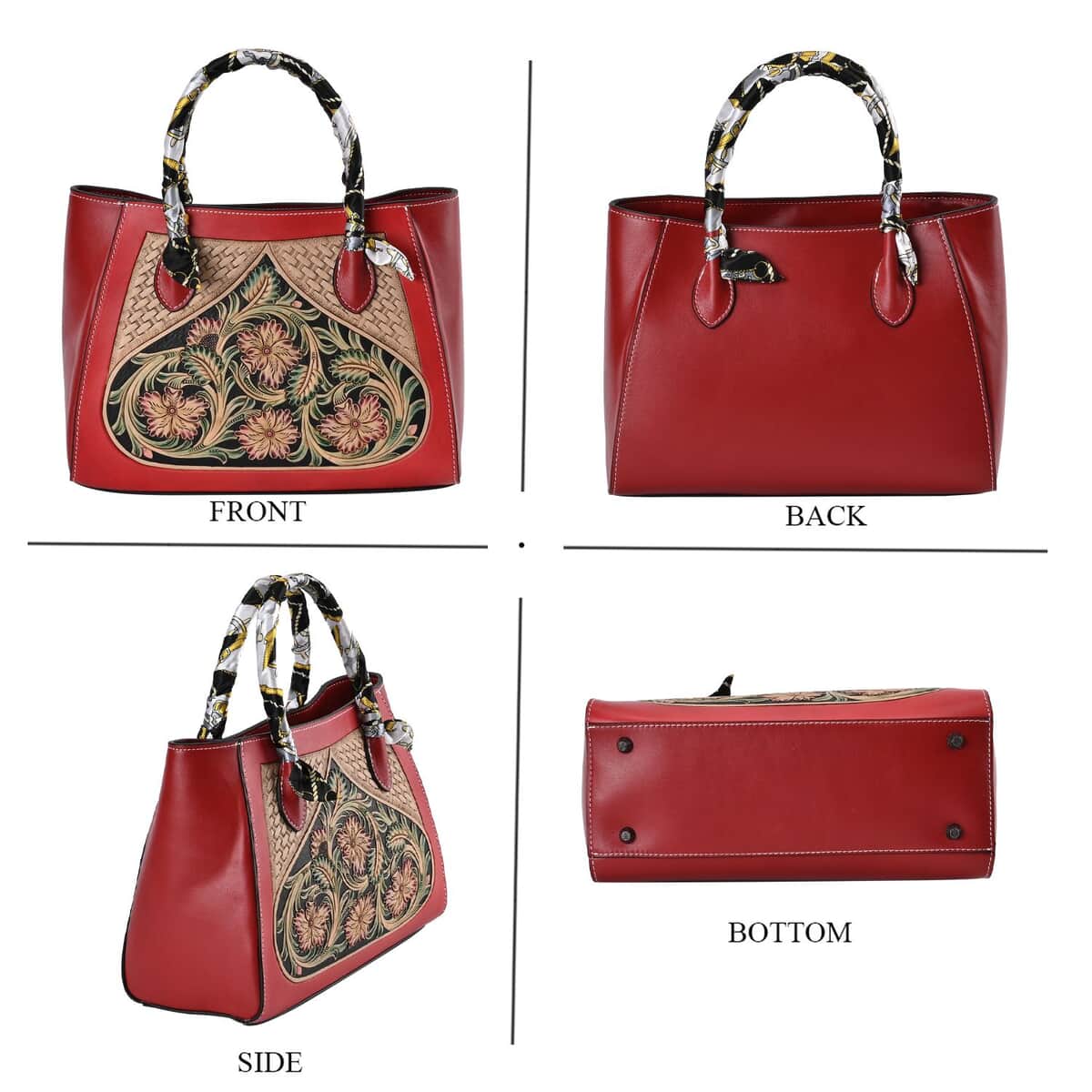 Grand Pelle Royal Collection Red with Multi Color Hand Engraving Flower Pattern Genuine Leather Tote Bag image number 3