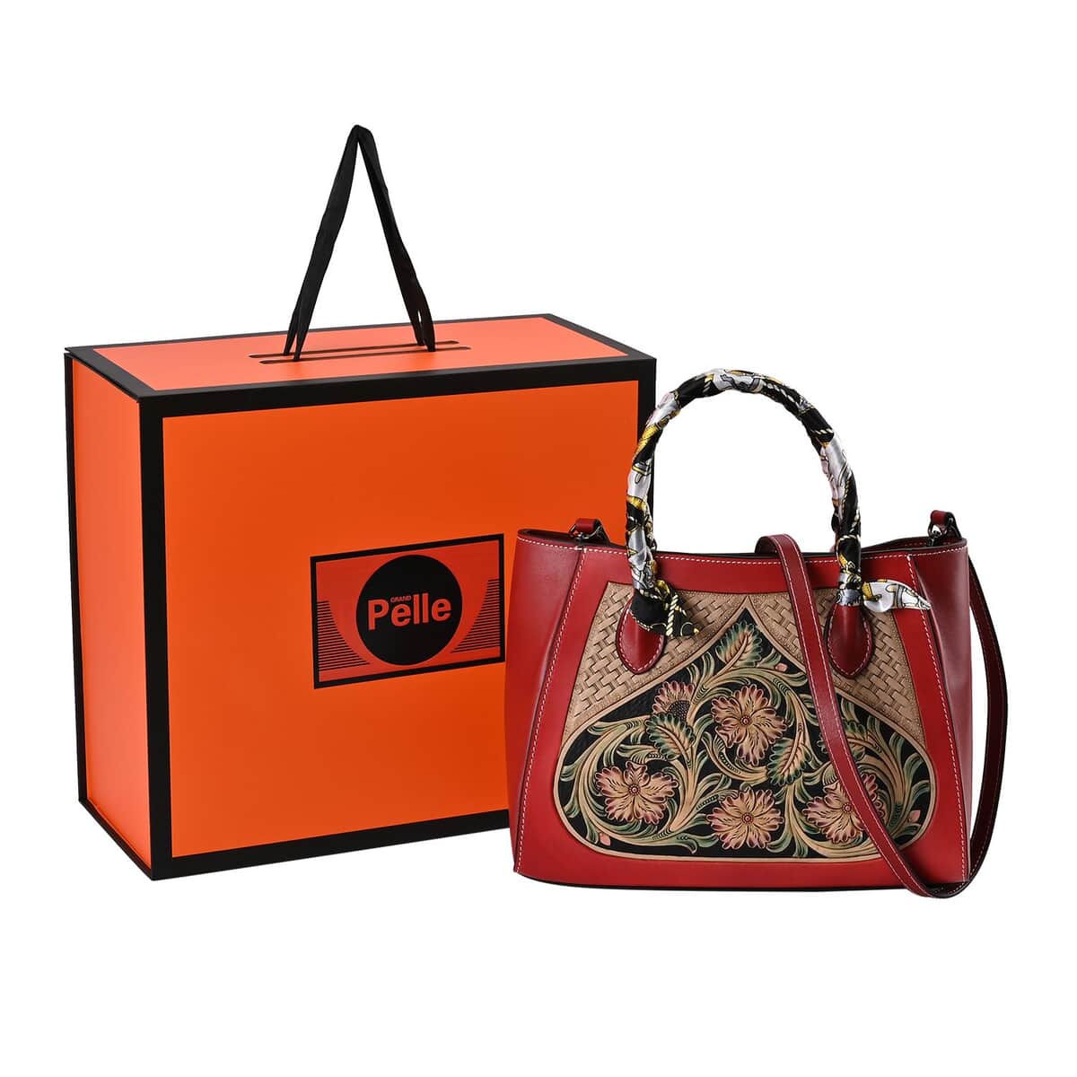 Grand Pelle Royal Collection Red with Multi Color Hand Engraving Flower Pattern Genuine Leather Tote Bag image number 6