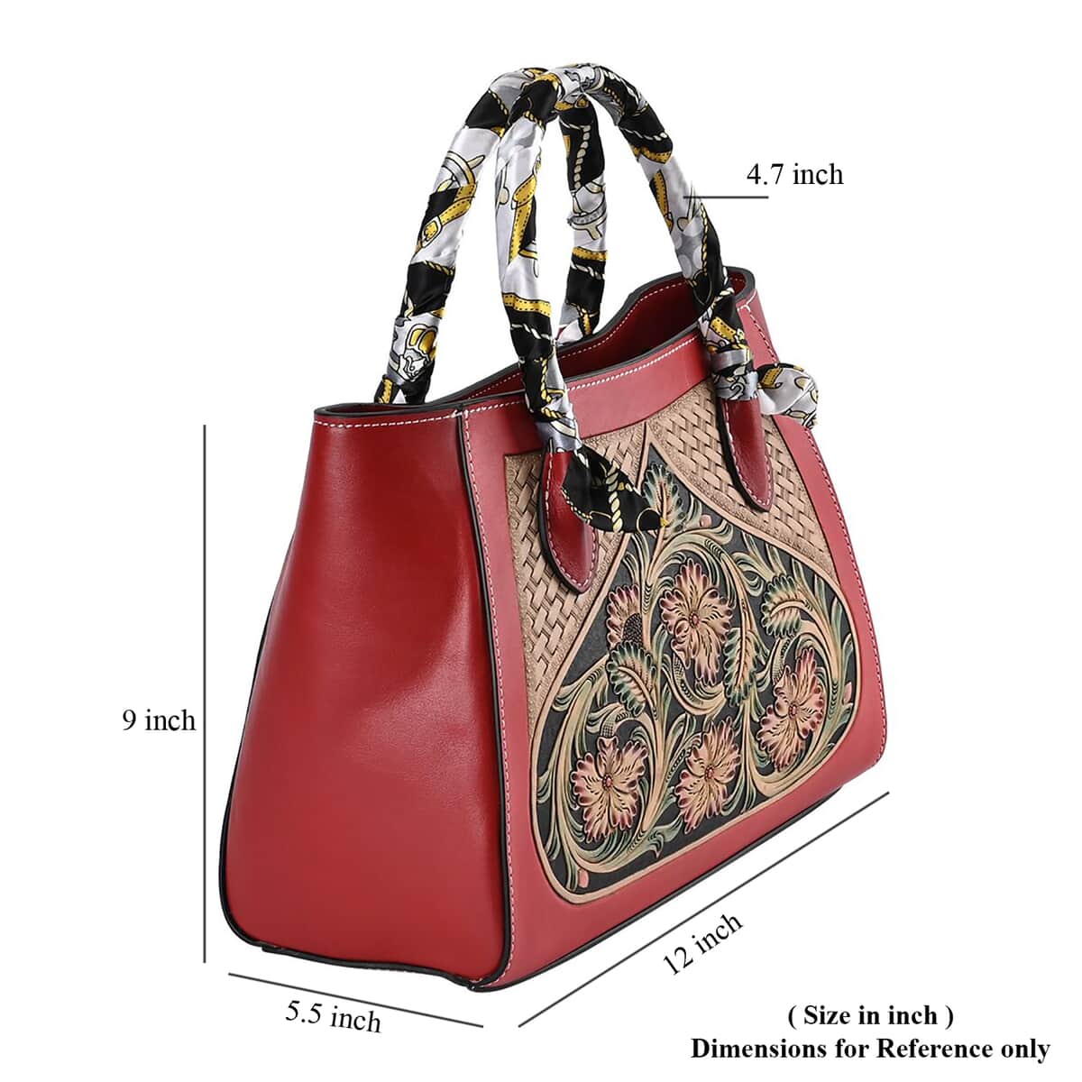 Grand Pelle Royal Collection Red with Multi Color Hand Engraving Flower Pattern Genuine Leather Tote Bag image number 7