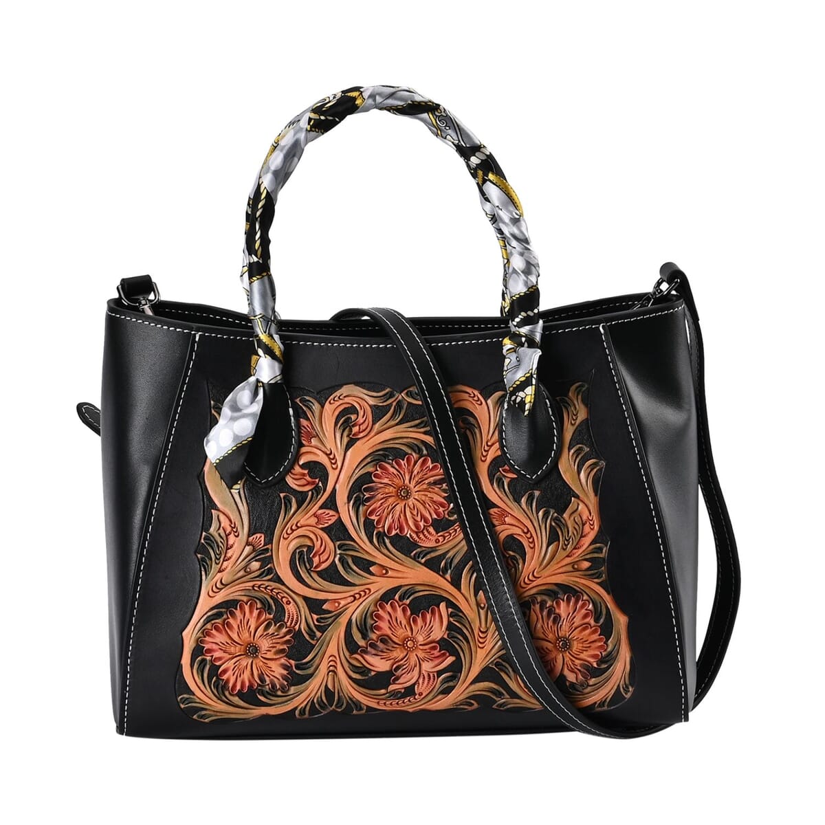 Grand Pelle Royal Collection Black with Multi Color Hand Engraving Flower Pattern Genuine Leather Tote Bag image number 0