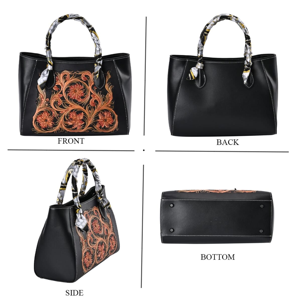 Grand Pelle Royal Collection Black with Multi Color Hand Engraving Flower Pattern Genuine Leather Tote Bag image number 3