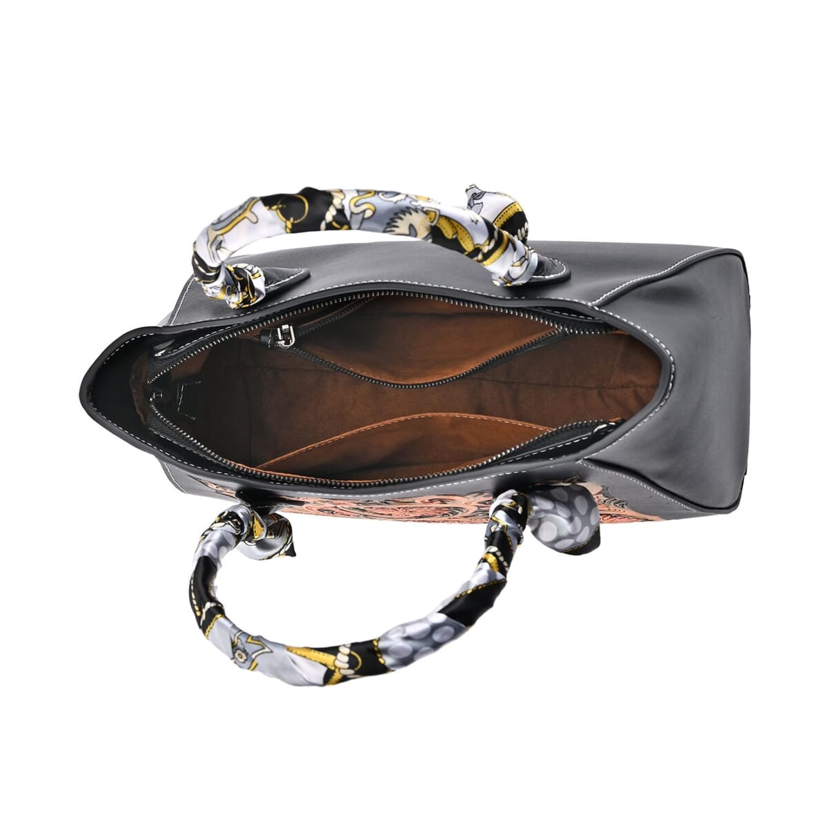 Grand Pelle Royal Collection Black with Multi Color Hand Engraving Flower Pattern Genuine Leather Tote Bag image number 4