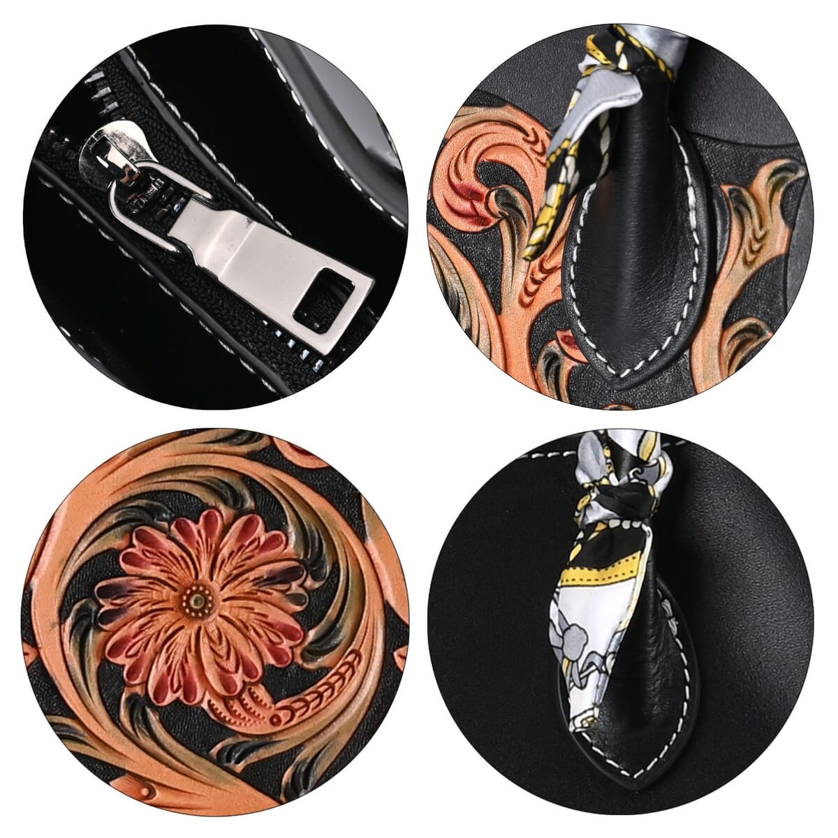 Grand Pelle Royal Collection Black with Multi Color Hand Engraving Flower Pattern Genuine Leather Tote Bag image number 5