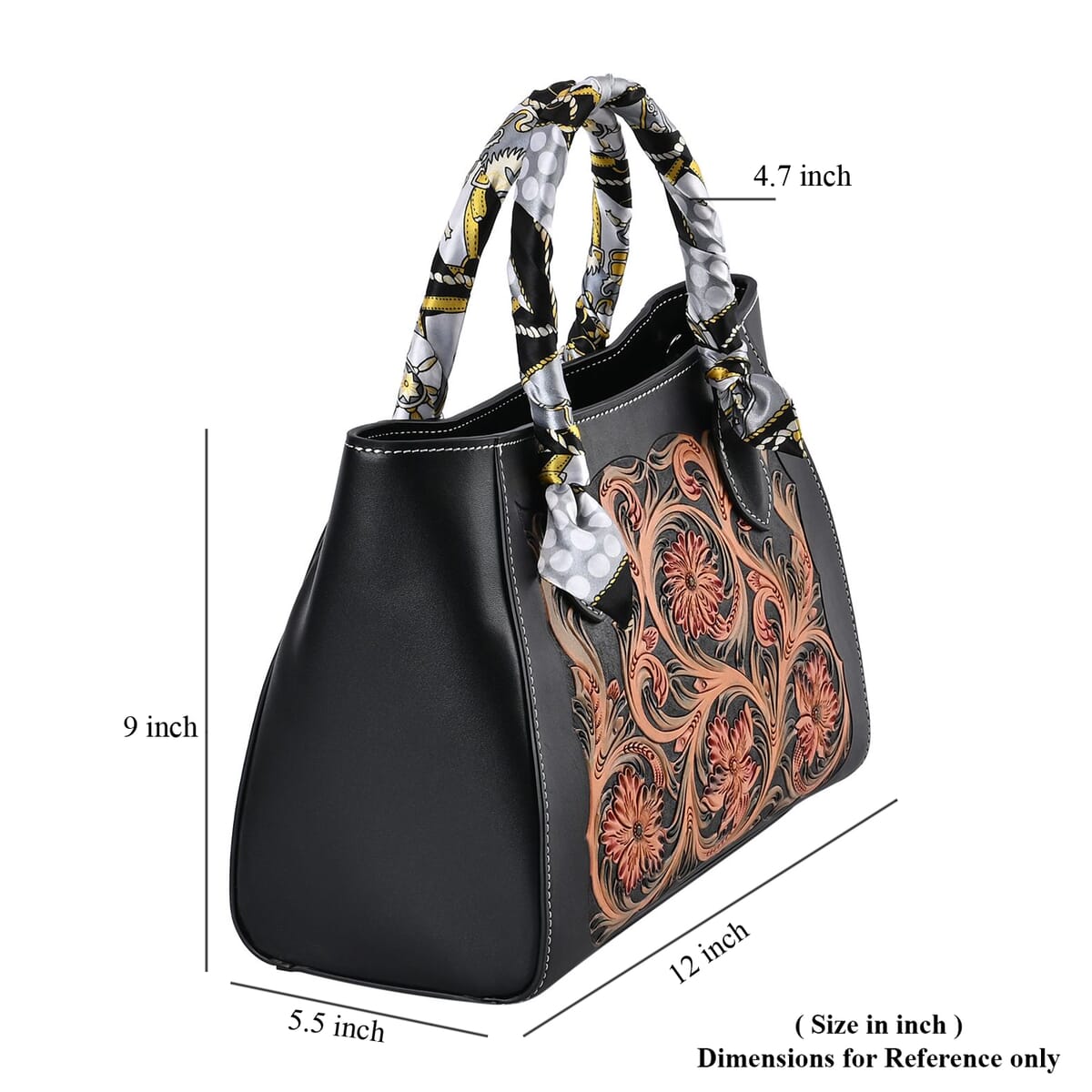 Grand Pelle Royal Collection Black with Multi Color Hand Engraving Flower Pattern Genuine Leather Tote Bag image number 7
