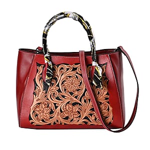 Grand Pelle Royal Collection Red with Solid Color Hand Engraving Flower Pattern Genuine Leather Tote Bag