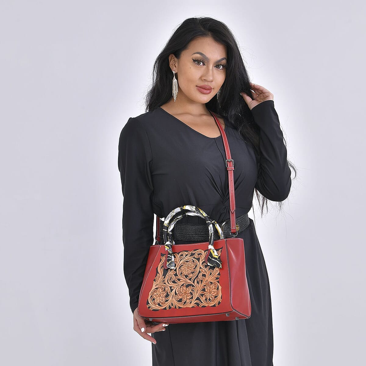 Grand Pelle Royal Collection Red with Solid Color Hand Engraving Flower Pattern Genuine Leather Tote Bag image number 1